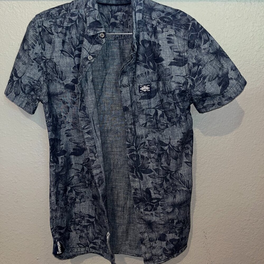 VINTAGE SUPERDRY SHIRTING Short Sleeve Men's Button Up Shirt - Floral Denim - S
